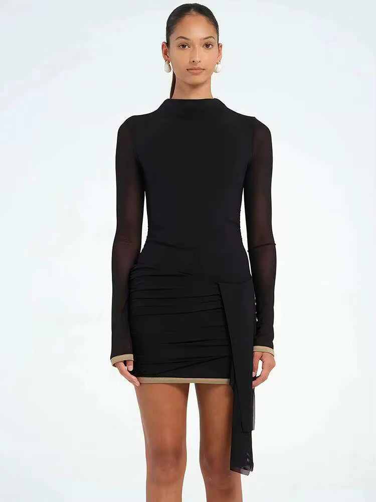 Elegant Patchwork Turtleneck Bandage Ruched Long Sleeve Mini Dress