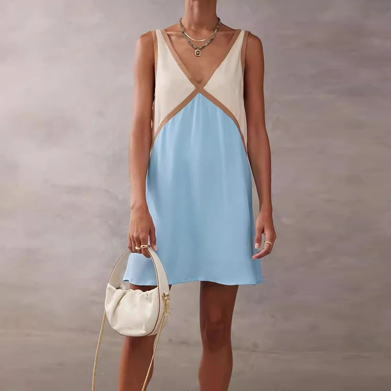 Elegant Patchwork V Neck A-Line Party Sleeveless Sling Dresses