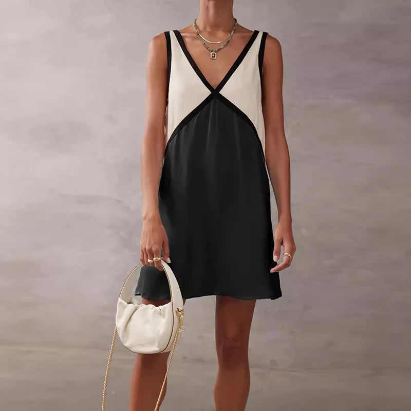 Elegant Patchwork V Neck A-Line Party Sleeveless Sling Dresses
