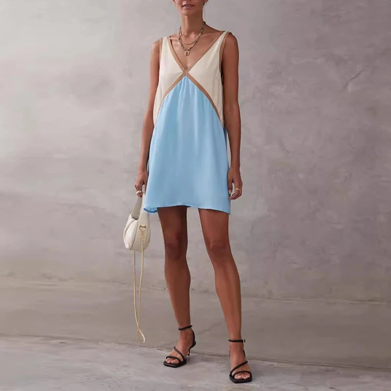 Elegant Patchwork V Neck A-Line Party Sleeveless Sling Dresses
