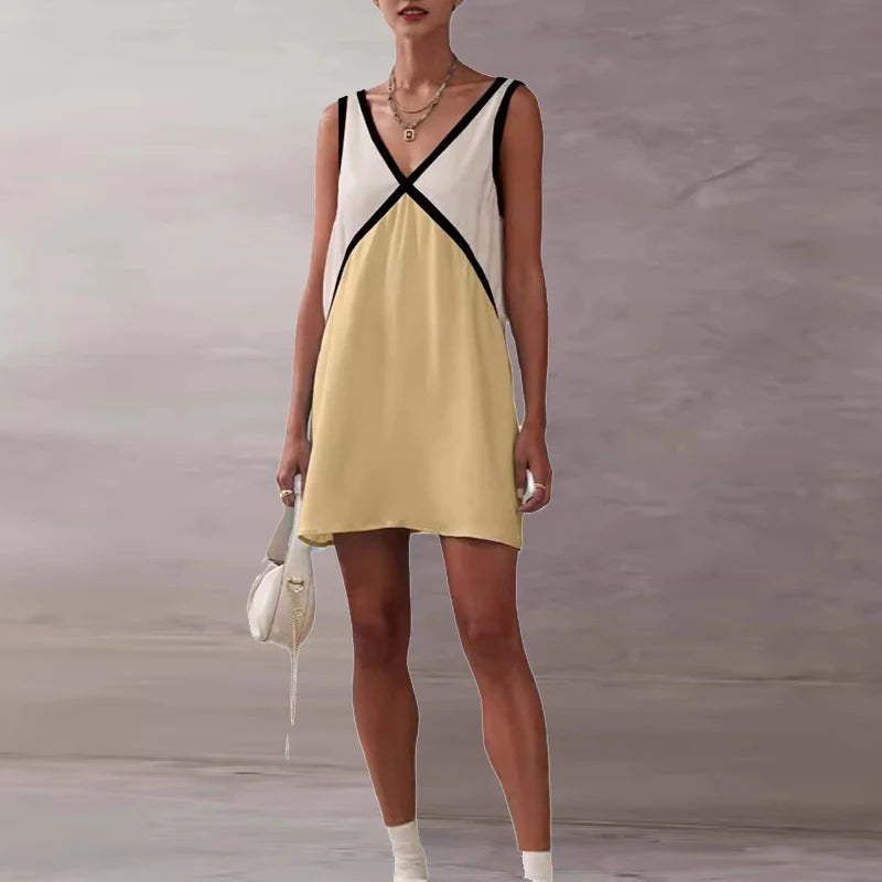 Elegant Patchwork V Neck A-Line Party Sleeveless Sling Dresses