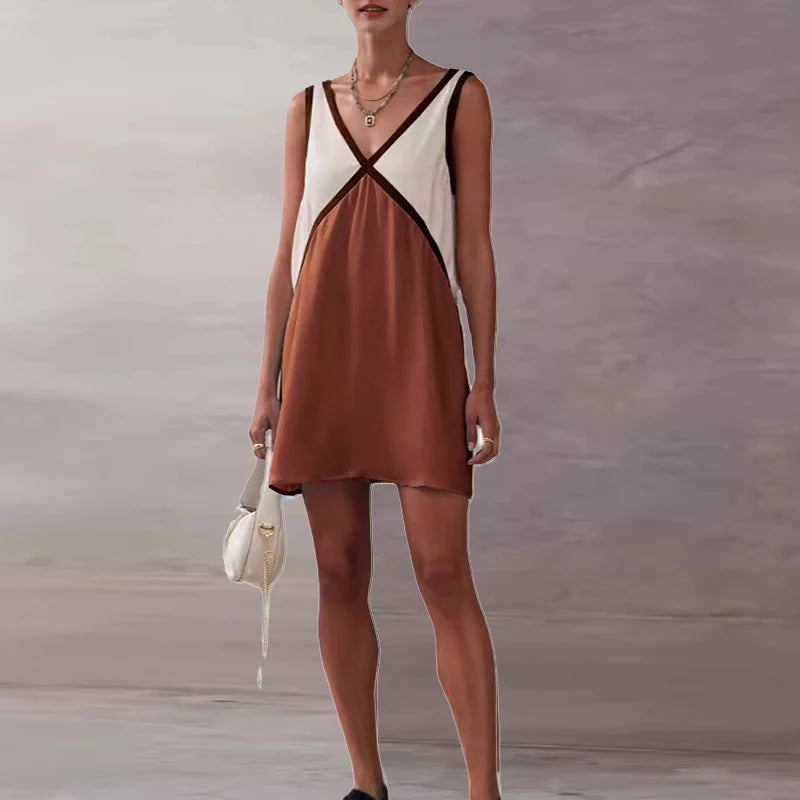 Elegant Patchwork V Neck A-Line Party Sleeveless Sling Dresses