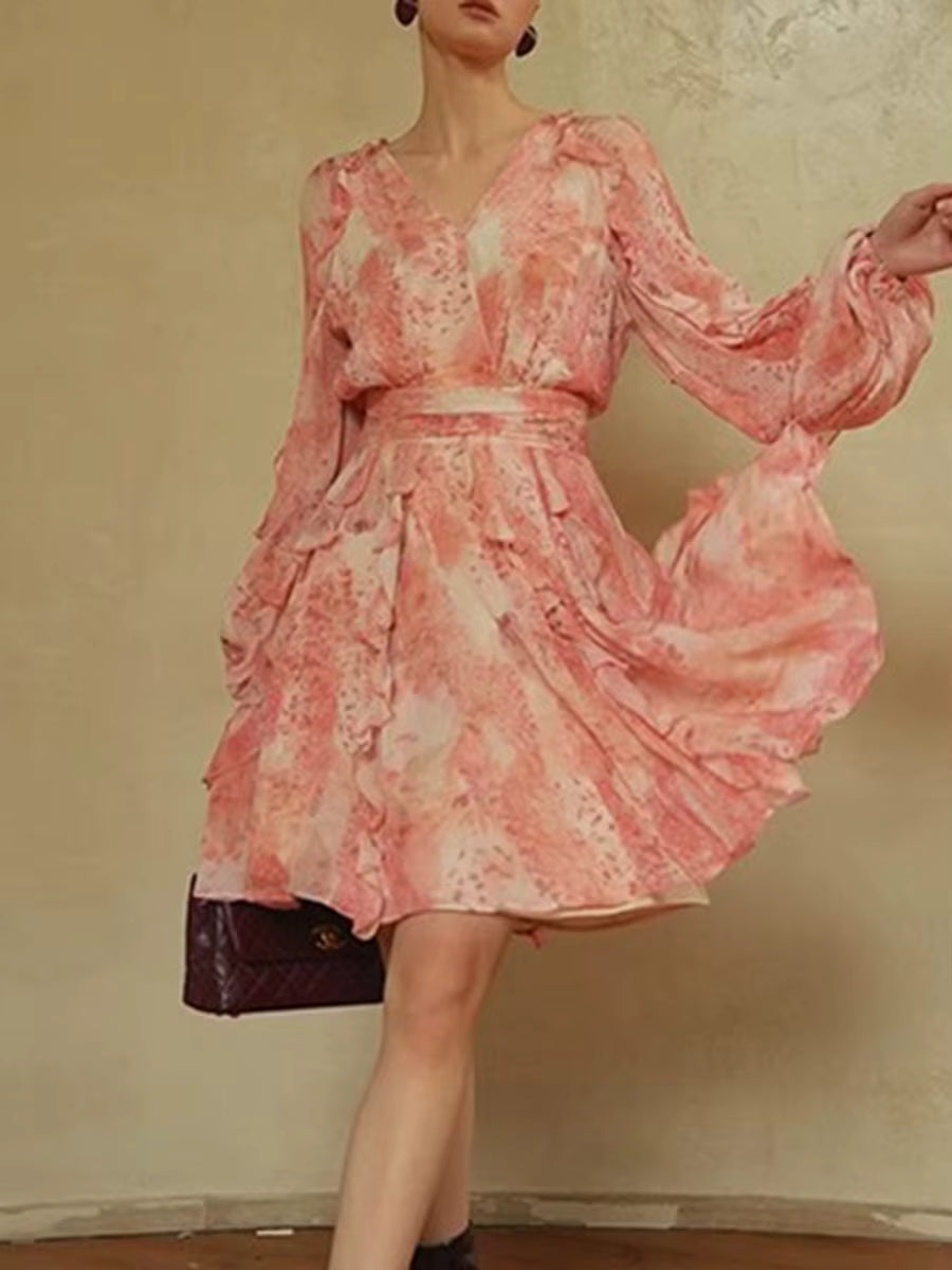 Elegant Patchwork V-Neck Long Sleeve Empire High Waist Mini Dress