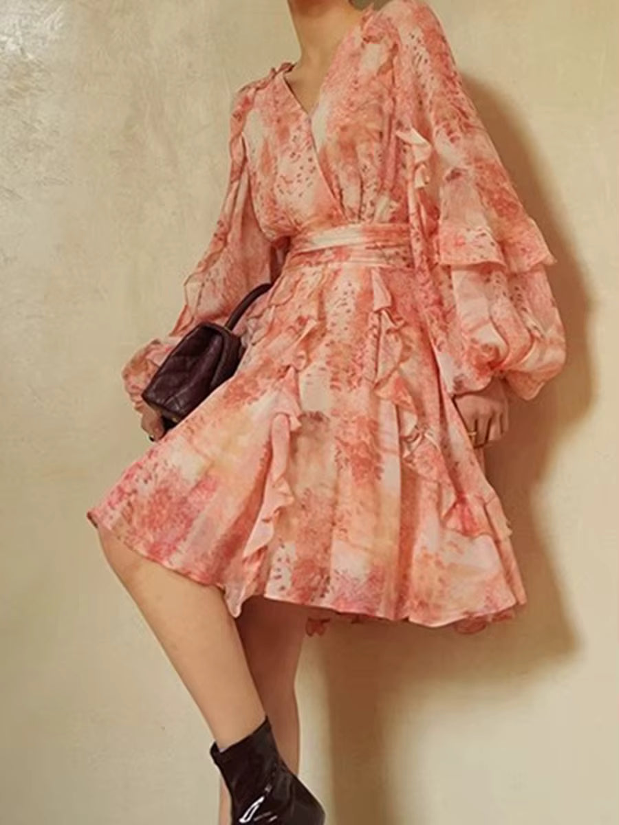 Elegant Patchwork V-Neck Long Sleeve Empire High Waist Mini Dress