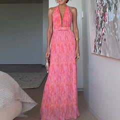 Elegant Pattern Print Pleated Sleeveless Backless Low-cut V-neck Tie-up Evening Long Maxi Dress
