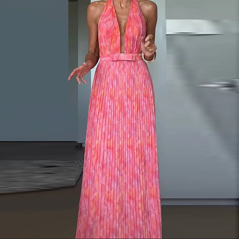 Elegant Pattern Print Pleated Sleeveless Backless Low-cut V-neck Tie-up Evening Long Maxi Dress