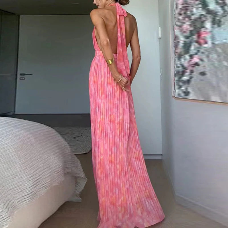 Elegant Pattern Print Pleated Sleeveless Backless Low-cut V-neck Tie-up Evening Long Maxi Dress