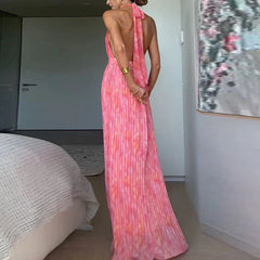 Elegant Pattern Print Pleated Sleeveless Backless Low-cut V-neck Tie-up Evening Long Maxi Dress