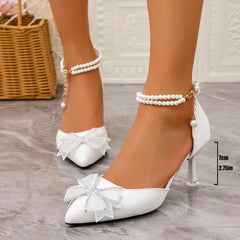 Elegant Pearl Chain Ankle Strap Pumps Bowknot Decoration Pointed Toe High Heel