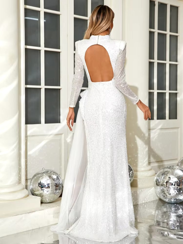 Elegant Pearls Turtleneck Beaded Sequins Long Split Maxi Dress