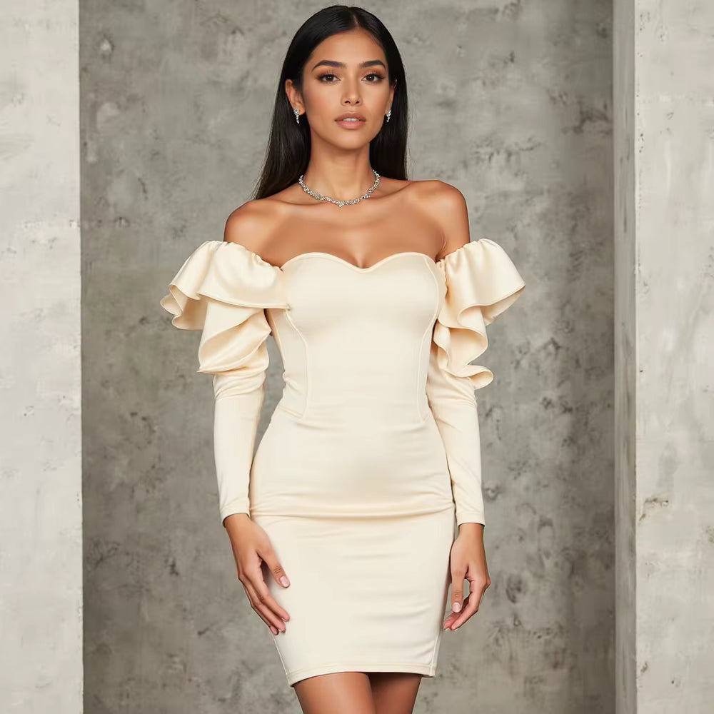 Elegant Plain Lettuce Hem Long Sleeve Sweetheart Neck Mini Dresses