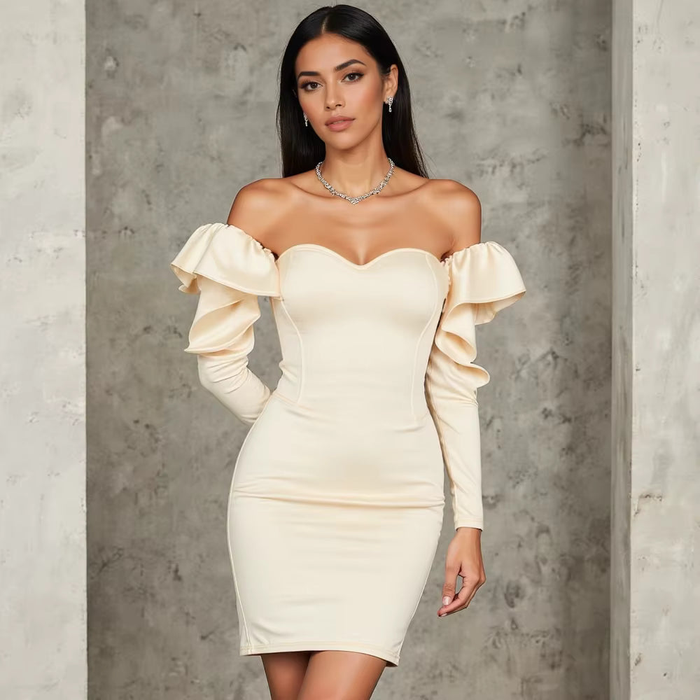 Elegant Plain Lettuce Hem Long Sleeve Sweetheart Neck Mini Dresses