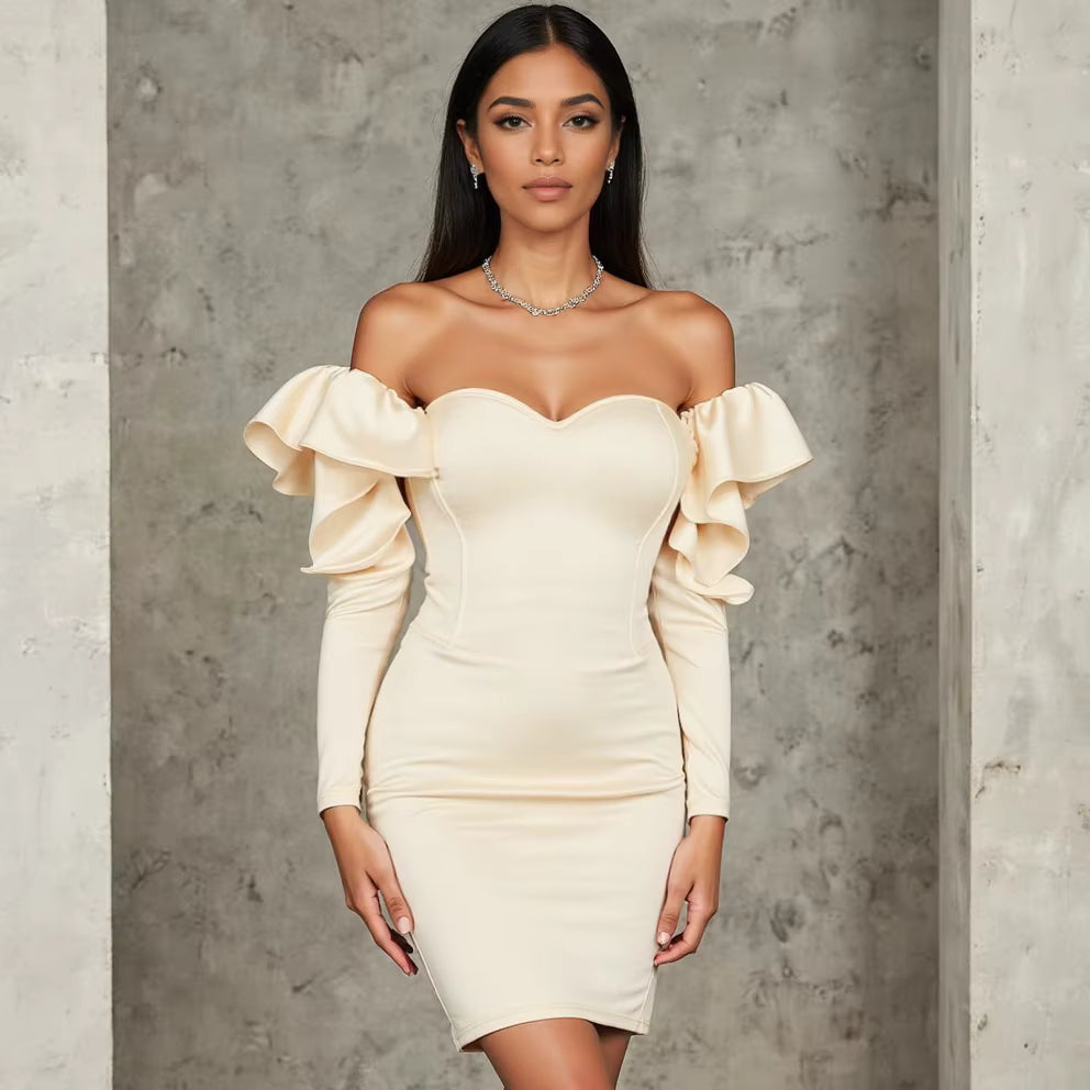 Elegant Plain Lettuce Hem Long Sleeve Sweetheart Neck Mini Dresses