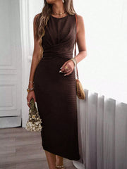 Elegant Plain Ruched Bow Back Split Sleeveless Round Neck Midi Bodycon Dress