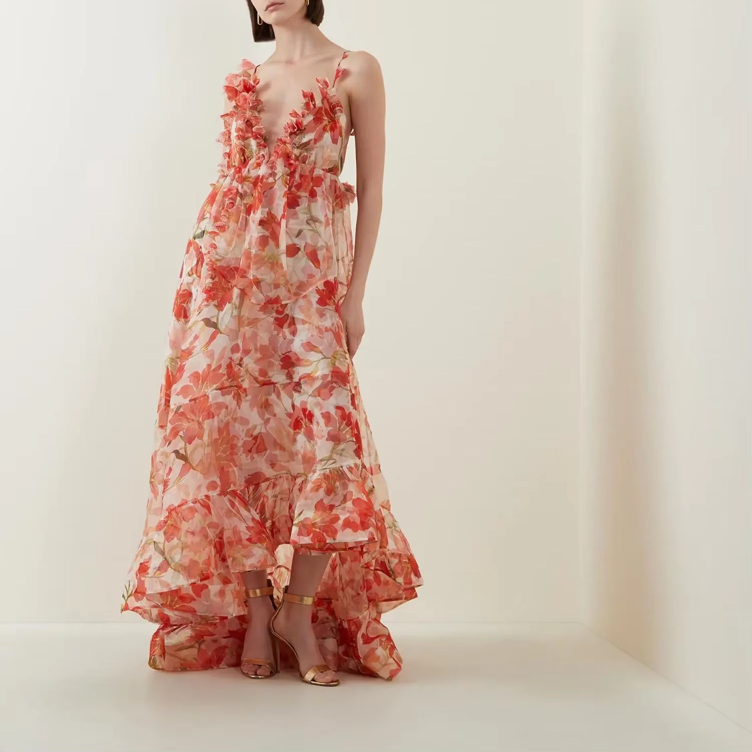 Elegant Pleated Floral Printing V-Neck Maxi Ankle-Length Maxi Dress