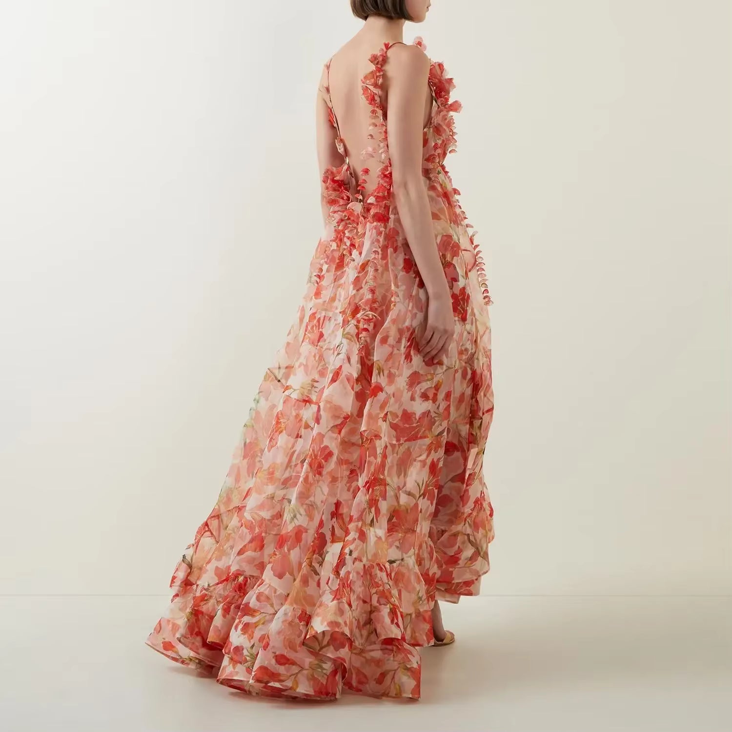 Elegant Pleated Floral Printing V-Neck Maxi Ankle-Length Maxi Dress