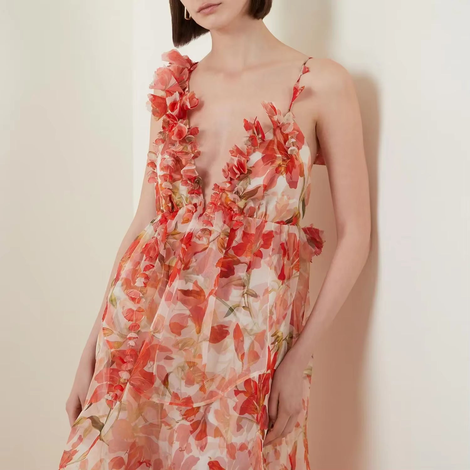Elegant Pleated Floral Printing V-Neck Maxi Ankle-Length Maxi Dress