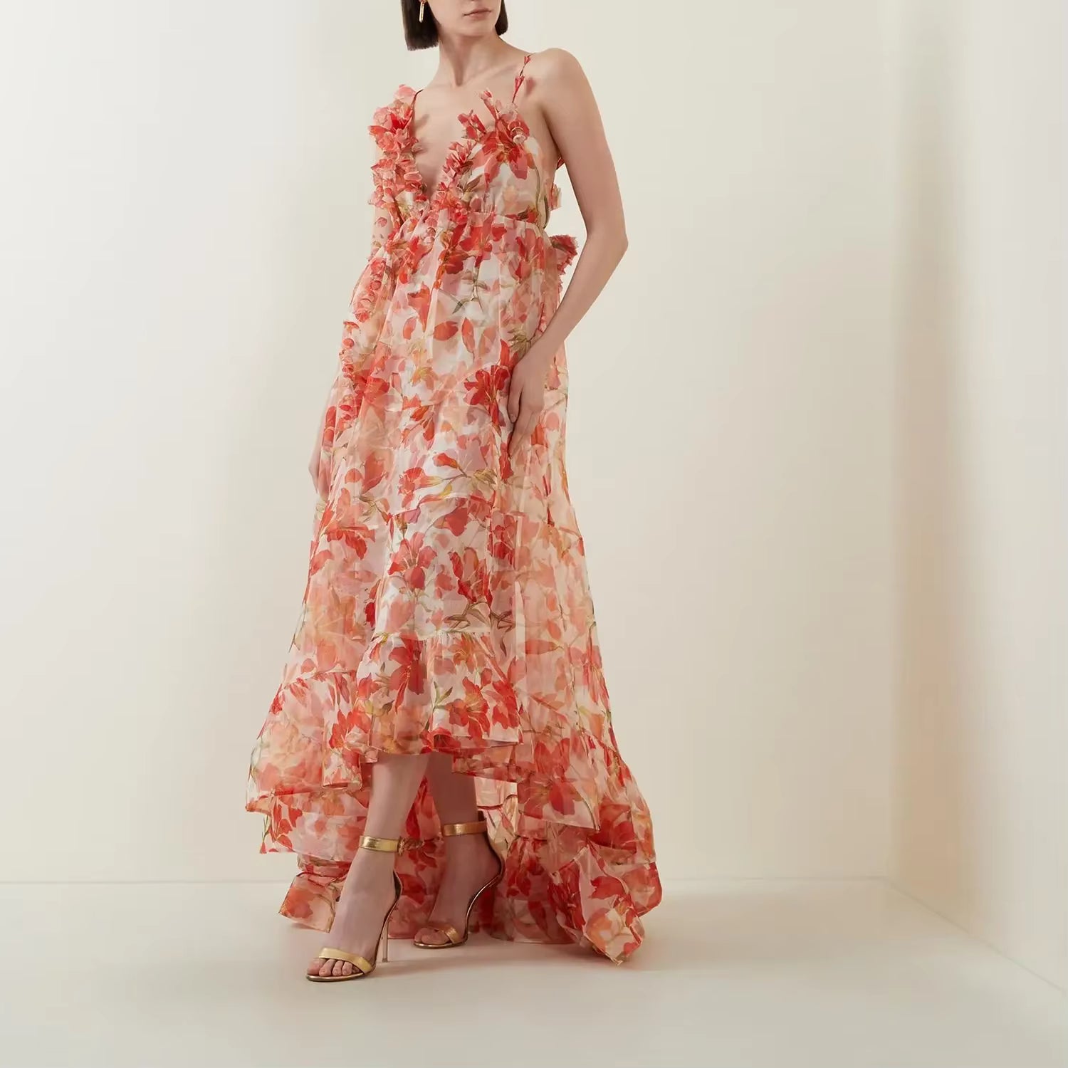 Elegant Pleated Floral Printing V-Neck Maxi Ankle-Length Maxi Dress