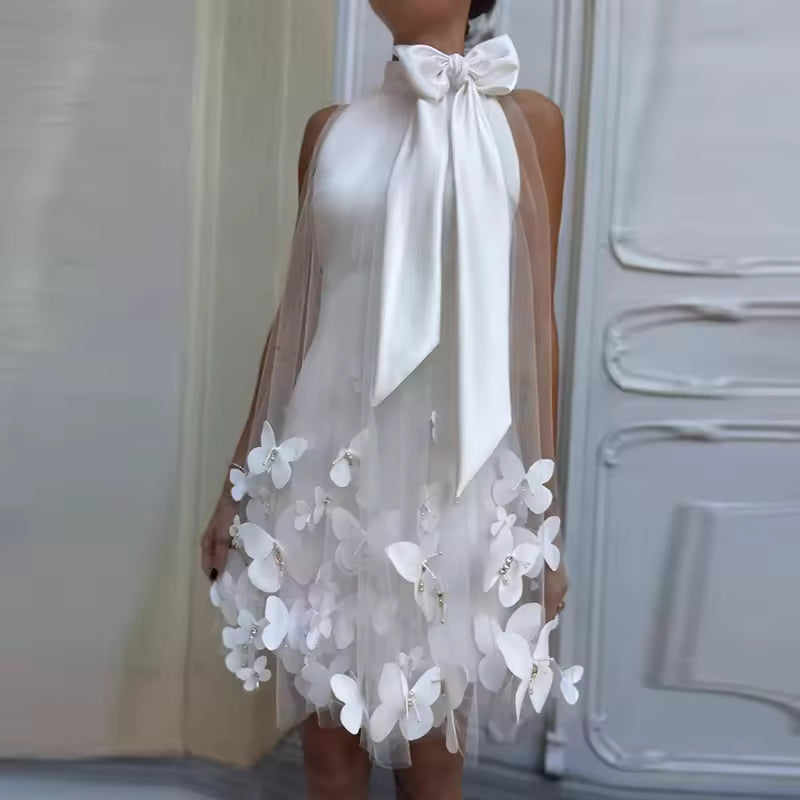 Elegant Pleated Hollow Butterfly Solid A-Line Mini Dress