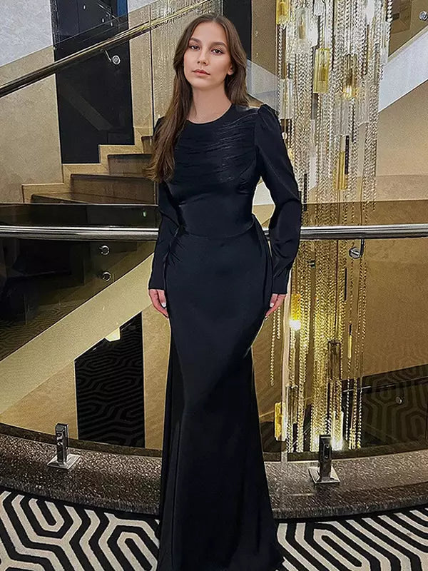 Elegant Pleated Long Sleeve Polyester Bodycon Maxi Dress