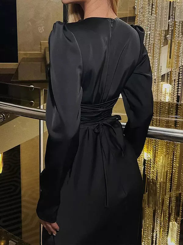 Elegant Pleated Long Sleeve Polyester Bodycon Maxi Dress