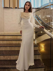 Elegant Pleated Long Sleeve Polyester Bodycon Maxi Dress