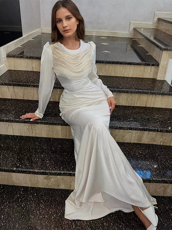Elegant Pleated Long Sleeve Polyester Bodycon Maxi Dress