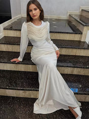Elegant Pleated Long Sleeve Polyester Bodycon Maxi Dress
