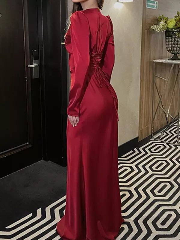 Elegant Pleated Long Sleeve Polyester Bodycon Maxi Dress