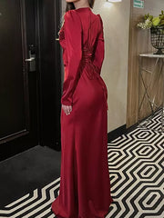 Elegant Pleated Long Sleeve Polyester Bodycon Maxi Dress