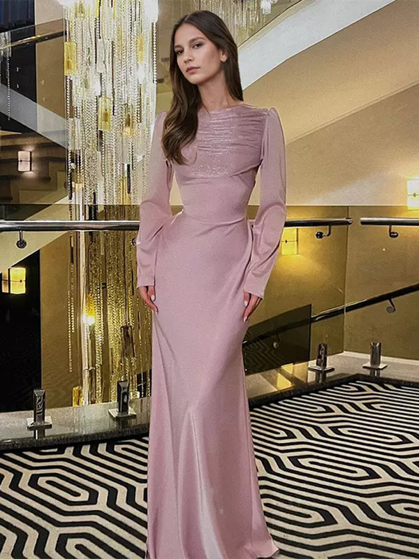 Elegant Pleated Long Sleeve Polyester Bodycon Maxi Dress