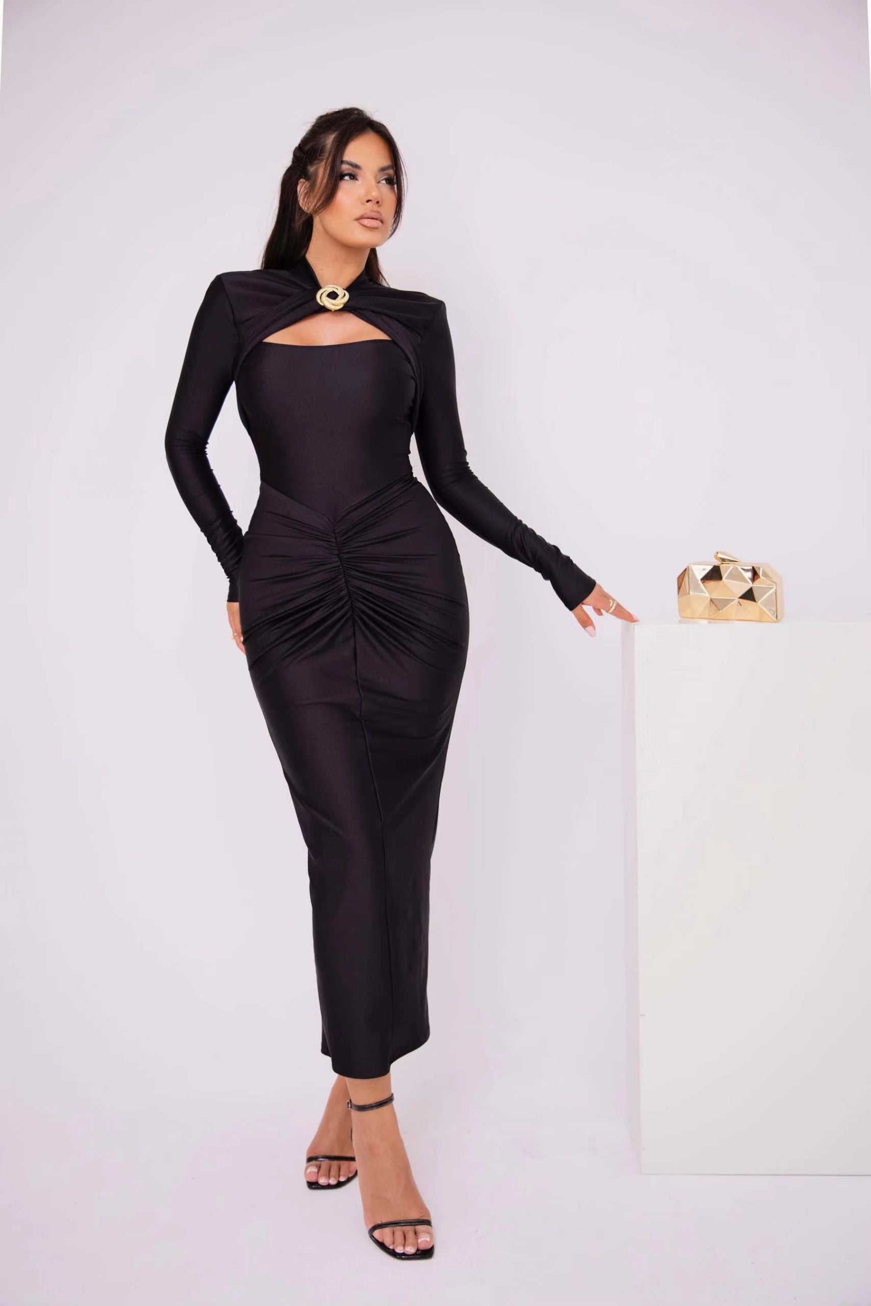 Elegant Pleated Long Sleeved Elastic Tight Bodycon Long Dress