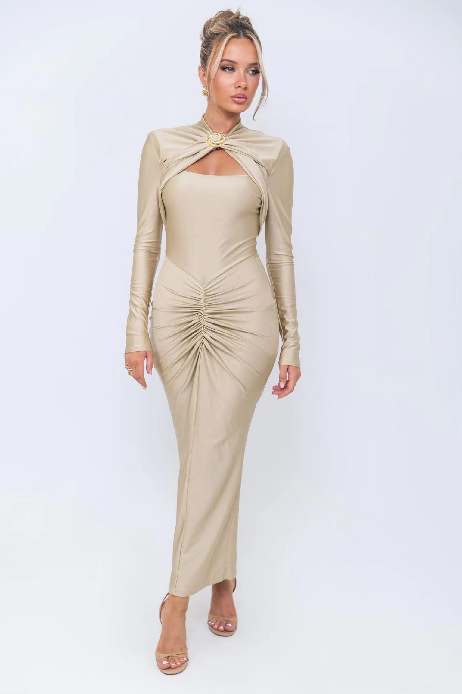 Elegant Pleated Long Sleeved Elastic Tight Bodycon Long Dress