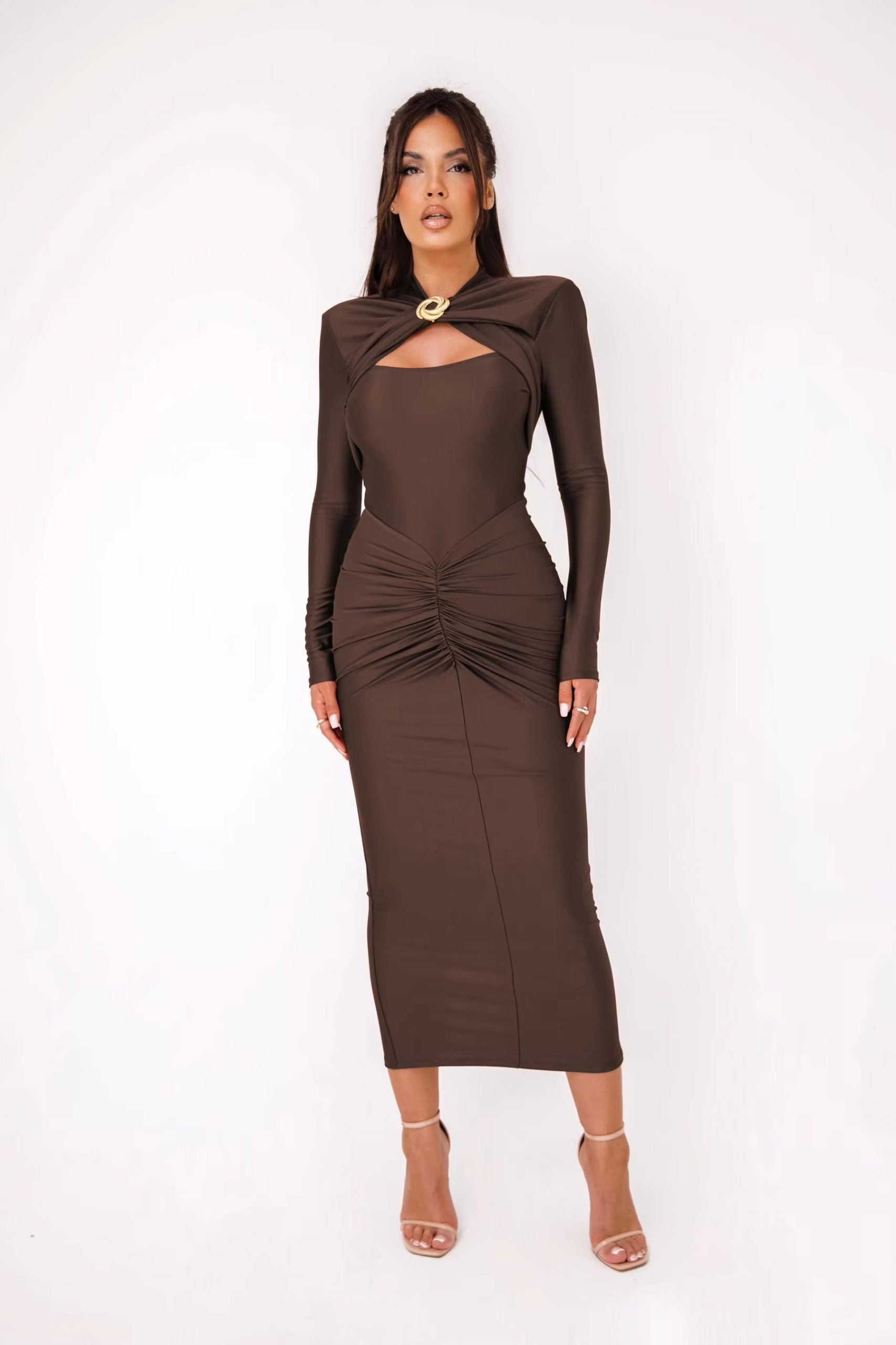 Elegant Pleated Long Sleeved Elastic Tight Bodycon Long Dress