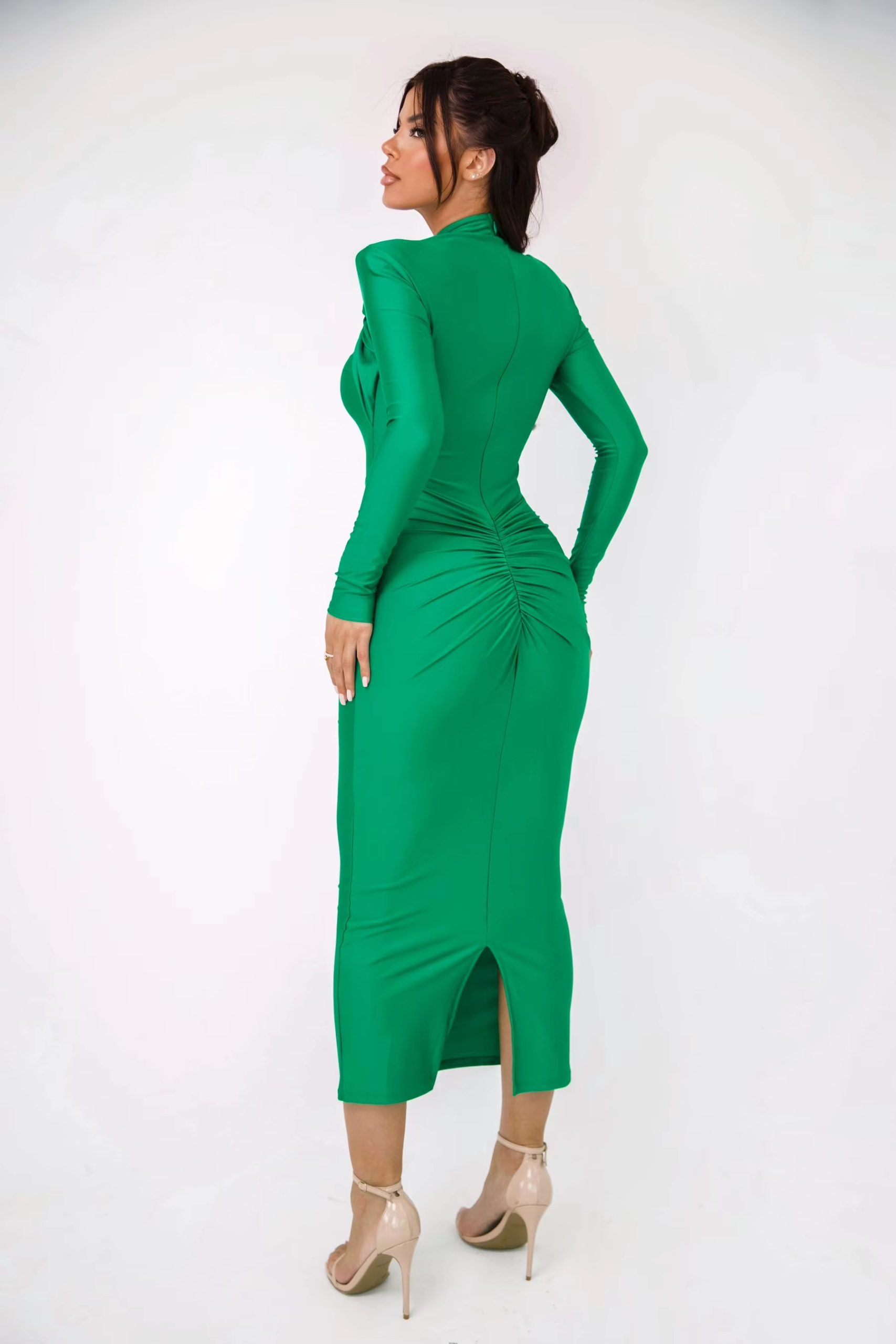 Elegant Pleated Long Sleeved Elastic Tight Bodycon Long Dress