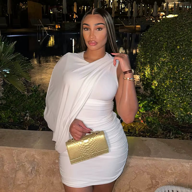 Elegant Pleated O-Neck Asymmetric Single Sleeve One-Shoulder Body-Shaping Mini Dresses