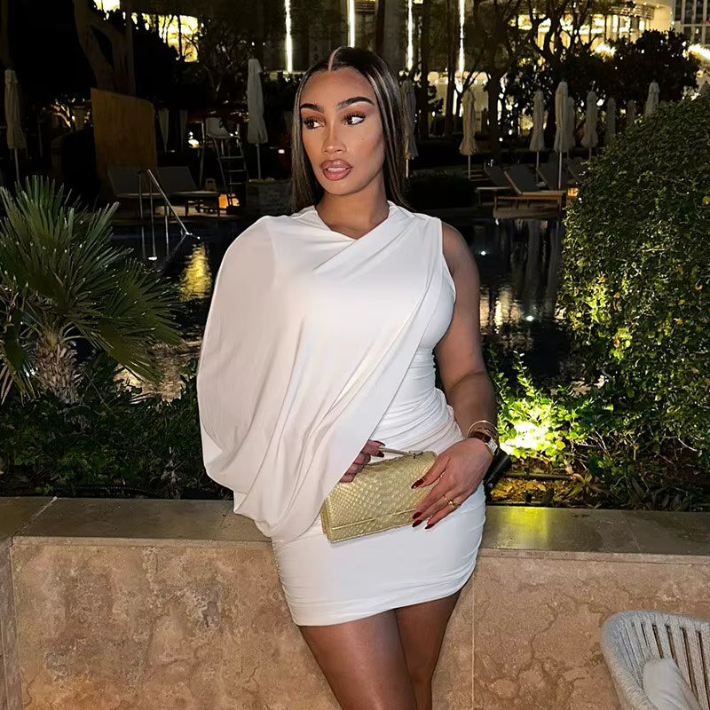 Elegant Pleated O-Neck Asymmetric Single Sleeve One-Shoulder Body-Shaping Mini Dresses