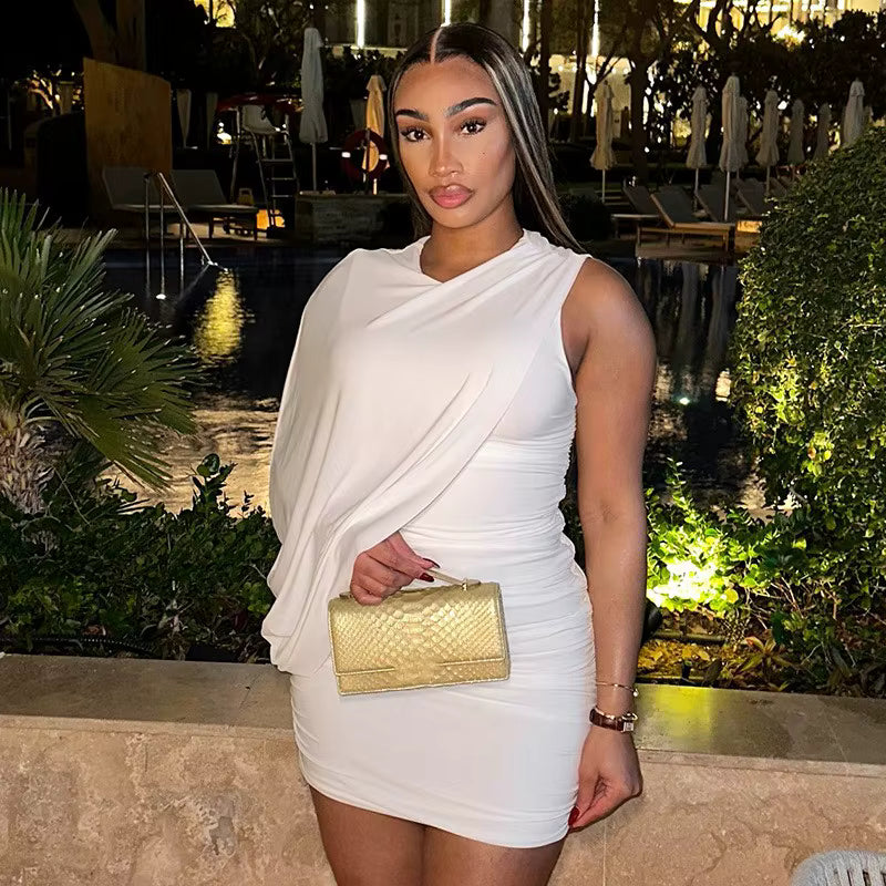 Elegant Pleated O-Neck Asymmetric Single Sleeve One-Shoulder Body-Shaping Mini Dresses