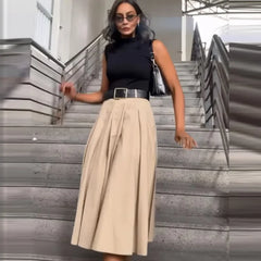 Elegant Pleated Polyester Patchwork Synthetic fiber Midi Dresses