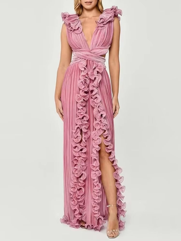 Elegant Pleated Ruffles Design Gathered Waist Party Prom Long Split Dress