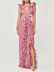 Elegant Pleated Ruffles Design Gathered Waist Party Prom Long Split Dress