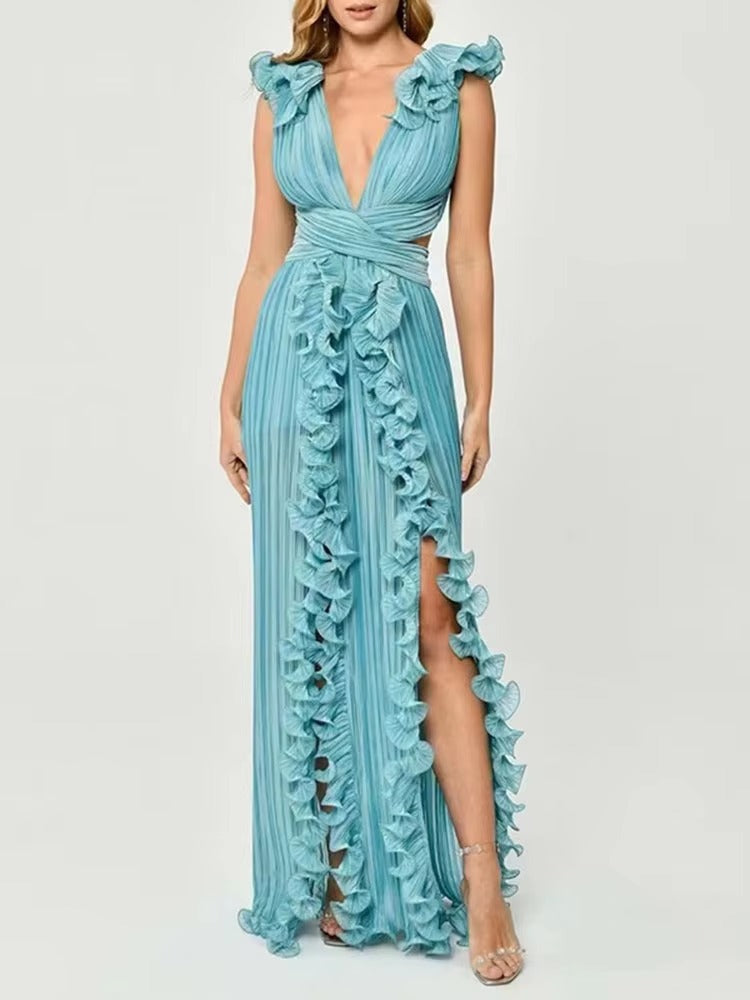 Elegant Pleated Ruffles Design Gathered Waist Party Prom Long Split Dress