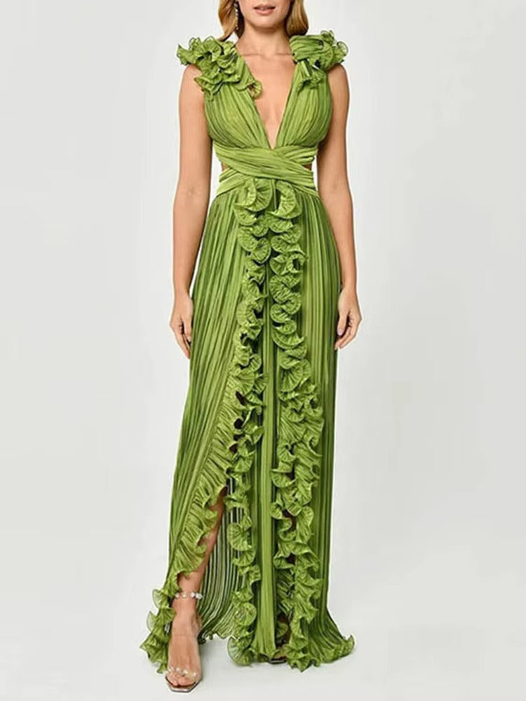Elegant Pleated Ruffles Design Gathered Waist Party Prom Long Split Dress