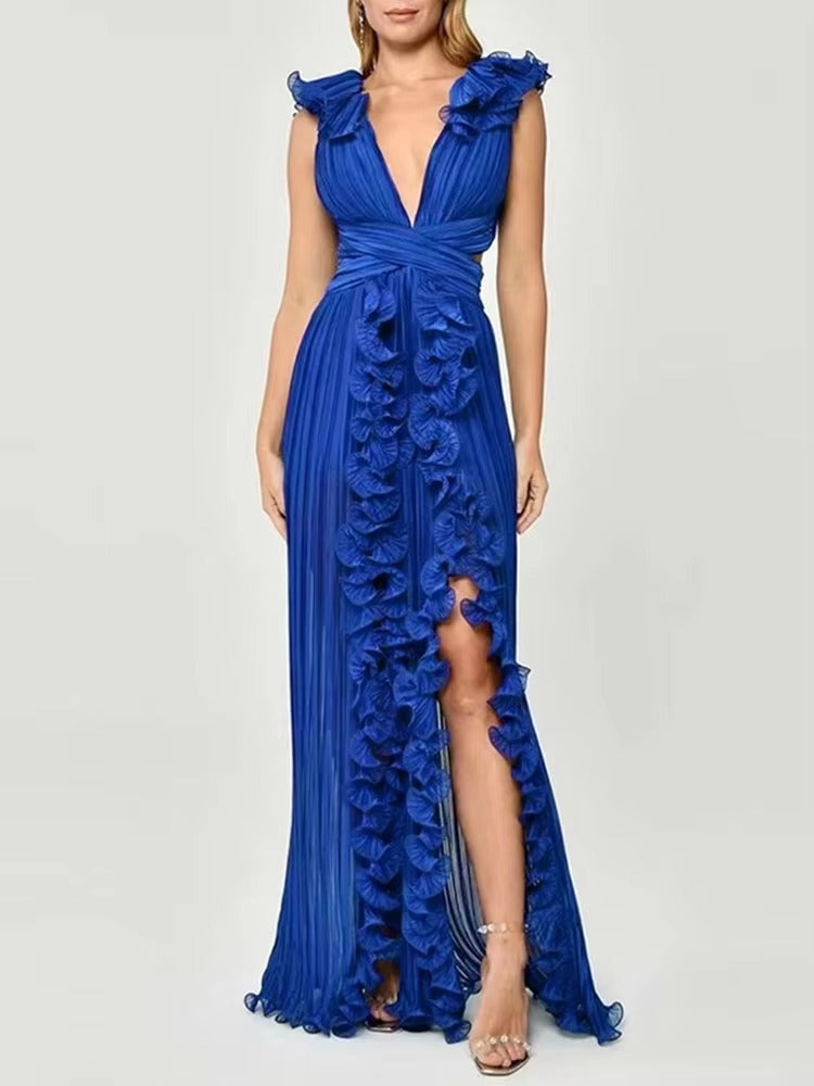 Elegant Pleated Ruffles Design Gathered Waist Party Prom Long Split Dress