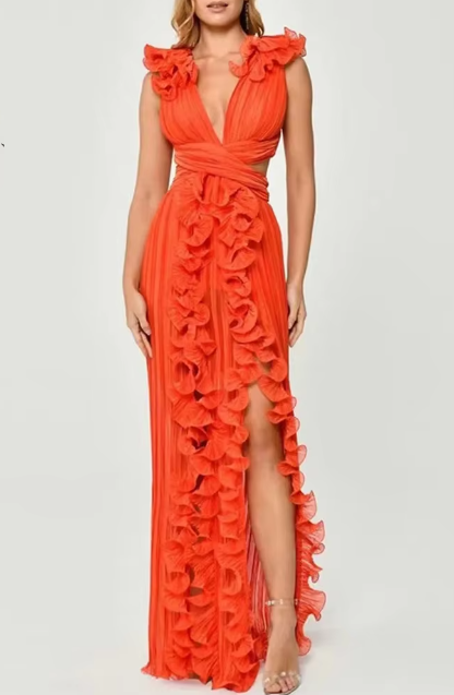 Elegant Pleated Ruffles Design Gathered Waist Party Prom Long Split Dress