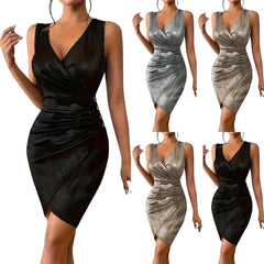 Elegant Pleated Spaghetti Strap Sleeveless Nipped Waist Side Slit Evening Party Mini Dress
