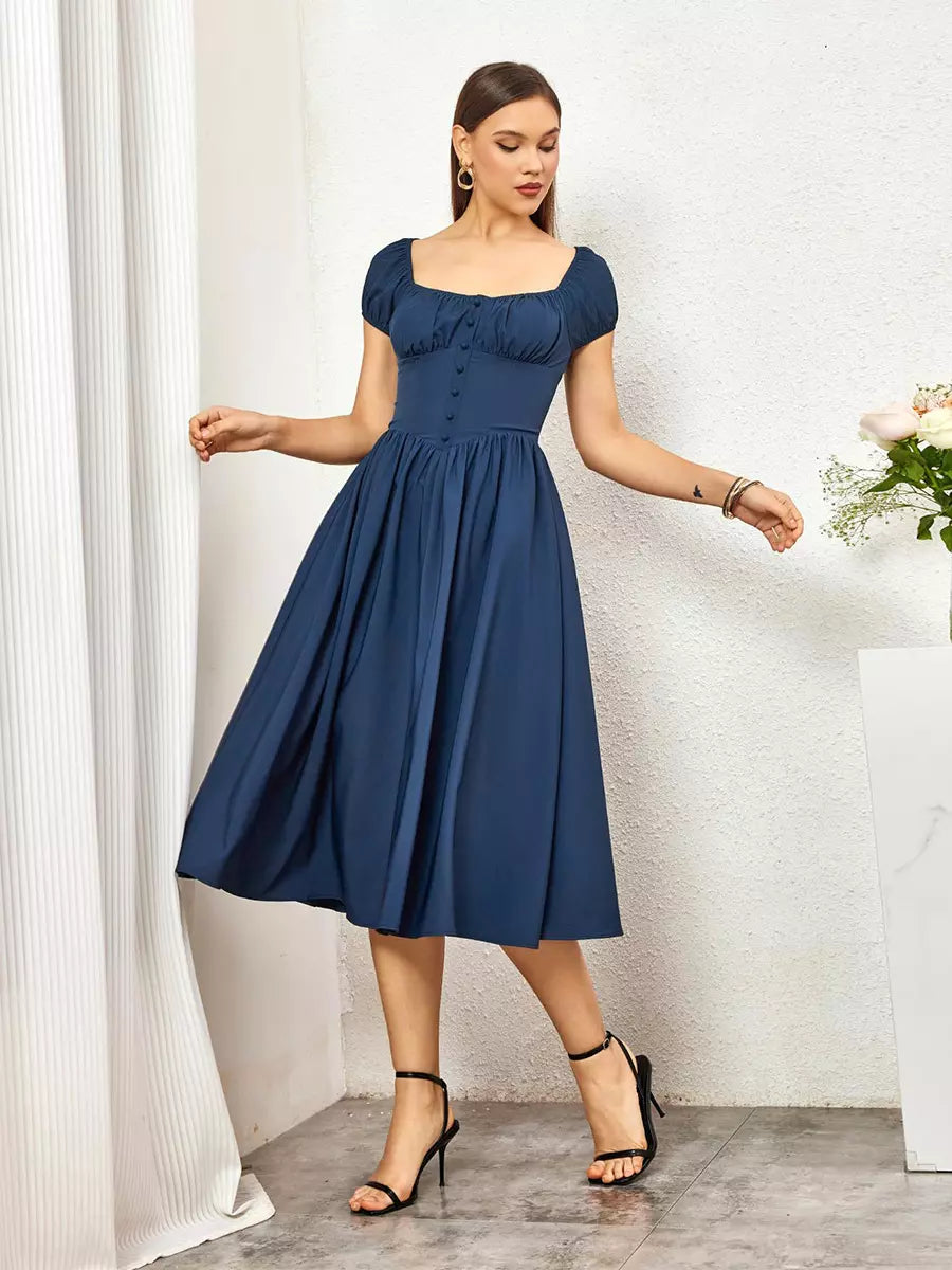 Elegant Pleated Square Neck Midi Dress With Puffed Sleeves