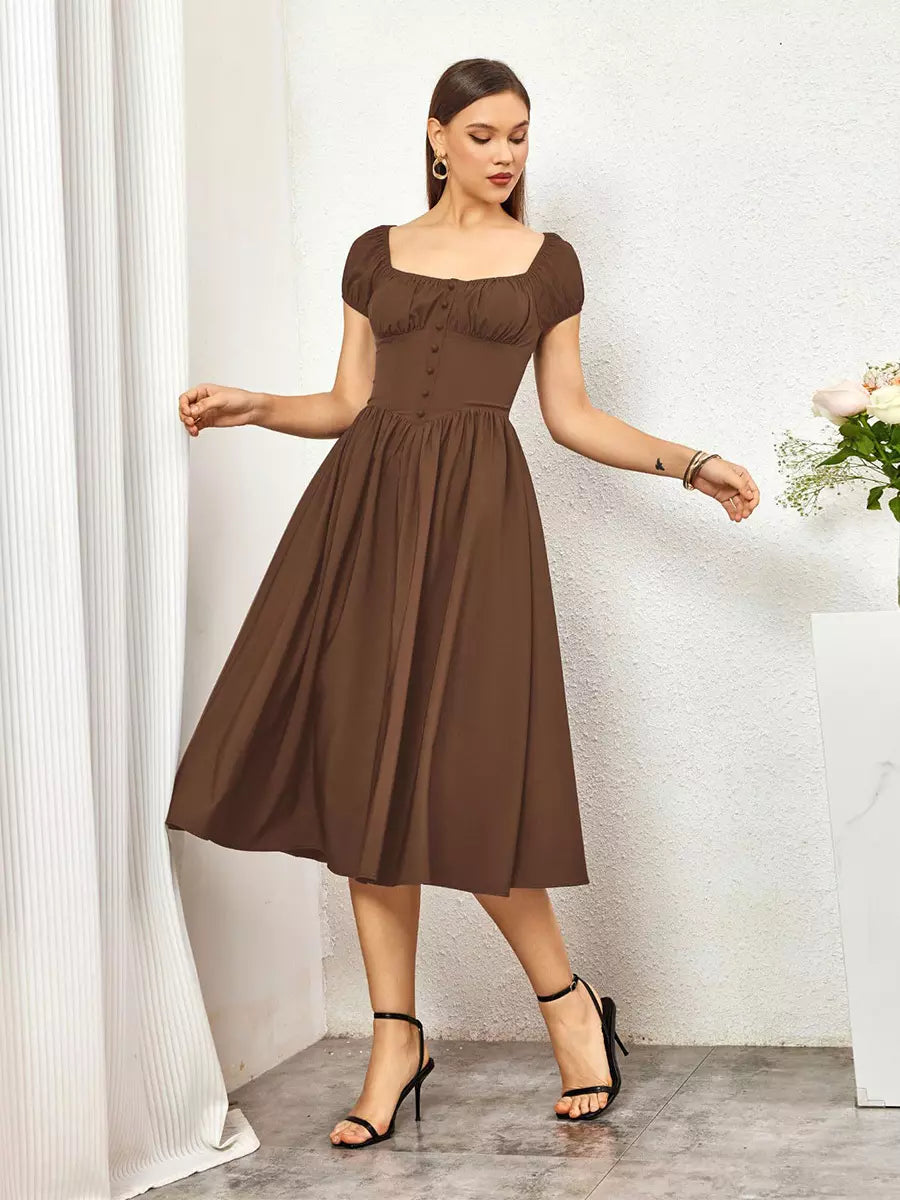 Elegant Pleated Square Neck Midi Dress With Puffed Sleeves