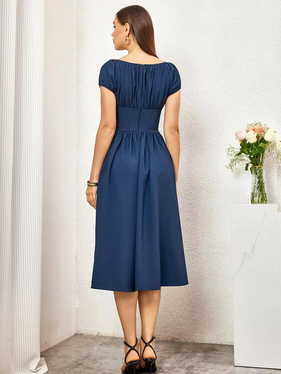 Elegant Pleated Square Neck Midi Dress With Puffed Sleeves