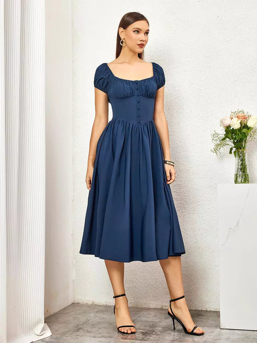 Elegant Pleated Square Neck Midi Dress With Puffed Sleeves